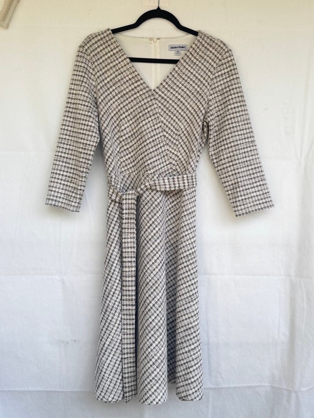 Shelby & Palmer Brown White Tweed V-Neck Midi Dress US 10